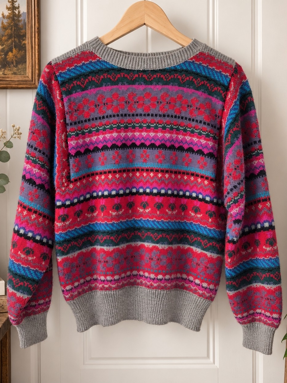 Fair Isle Nordic Floral Knit Sweater Colorful Possibly Handmade
